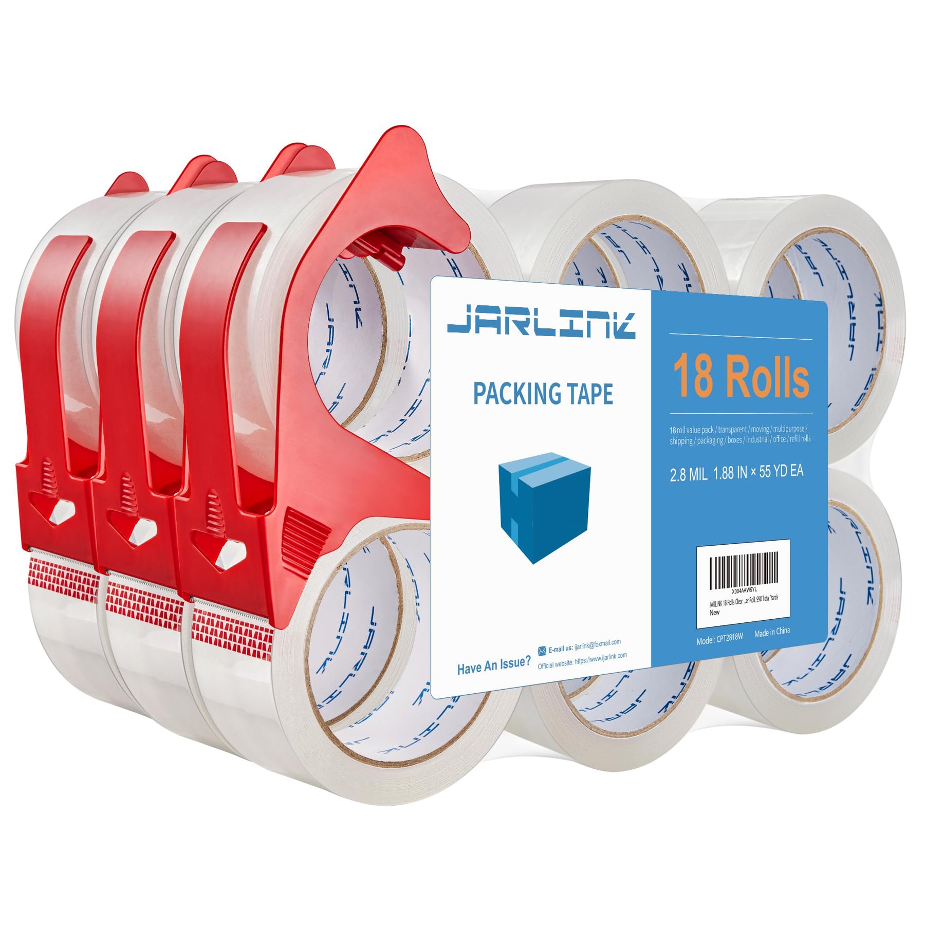 JARLINK 3 Rolls Clear Packing Tape with Dispenser, Heavy Duty Packaging Tape Refills for Shipping Packaging Mailing, 2.7mil Thick, 1.88 inches Wide, 55 Yards Per Roll, 165 Total Yards