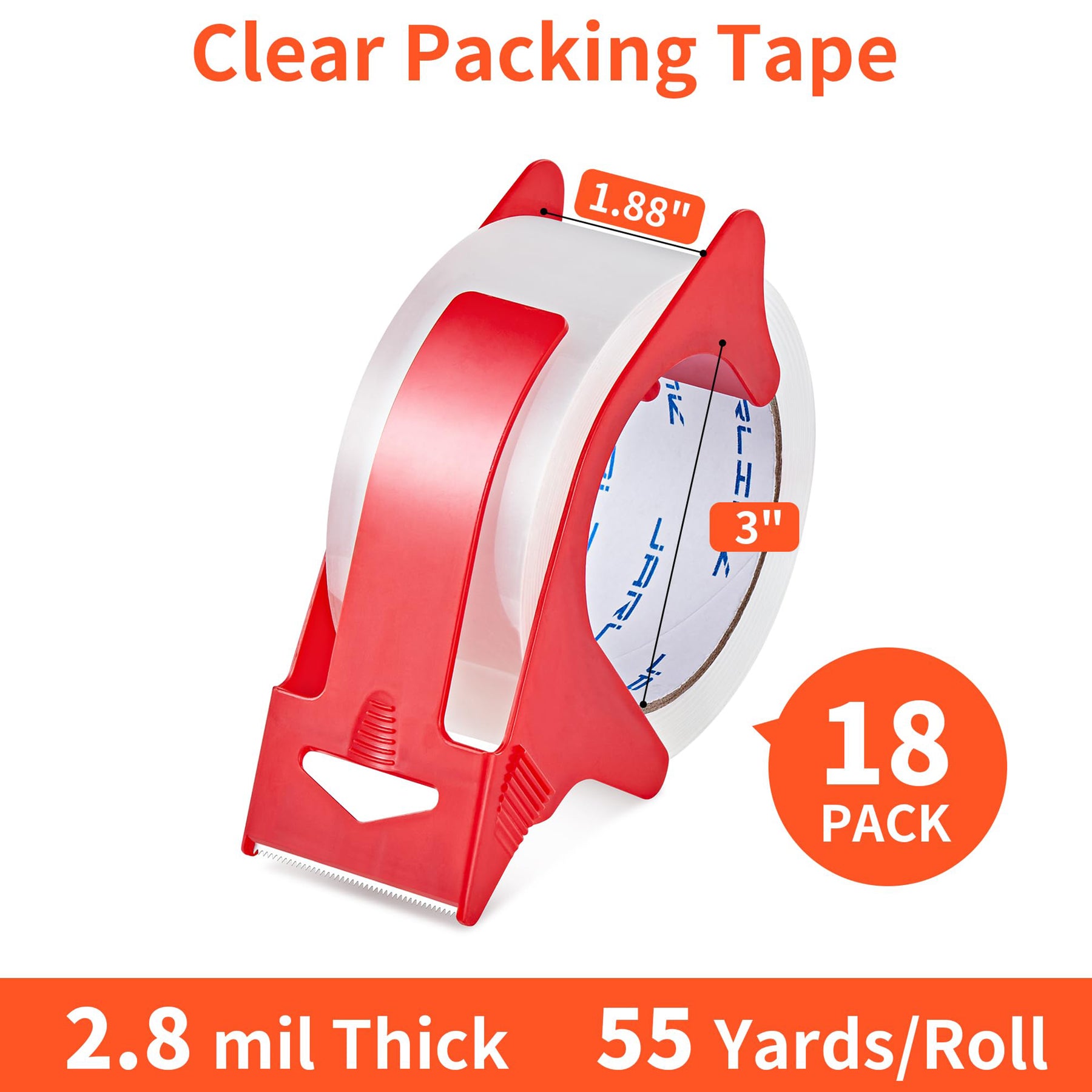 JARLINK 3 Rolls Clear Packing Tape with Dispenser, Heavy Duty Packaging Tape Refills for Shipping Packaging Mailing, 2.7mil Thick, 1.88 inches Wide, 55 Yards Per Roll, 165 Total Yards