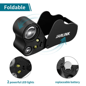 JARLINK 2 Pack 30X 60X Jewelers Loupe, Foldable Jewelry Magnifier with Bright LED Light, Desktop Loupe Magnifier with 3 LED Light and 3 UV Light for Gems, Jewelry, Coins, Stamps