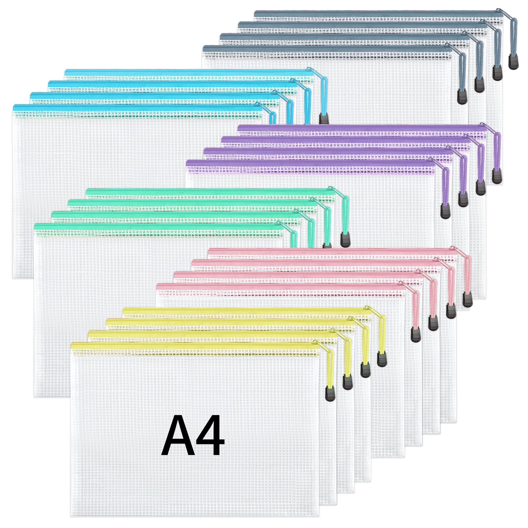 30 Pack Mesh Zipper Pouch Document Bag, A3|A4|A5 size, Each Size 10pcs, 5 Color Zipper Bags, for Office, Home and Business Travel
