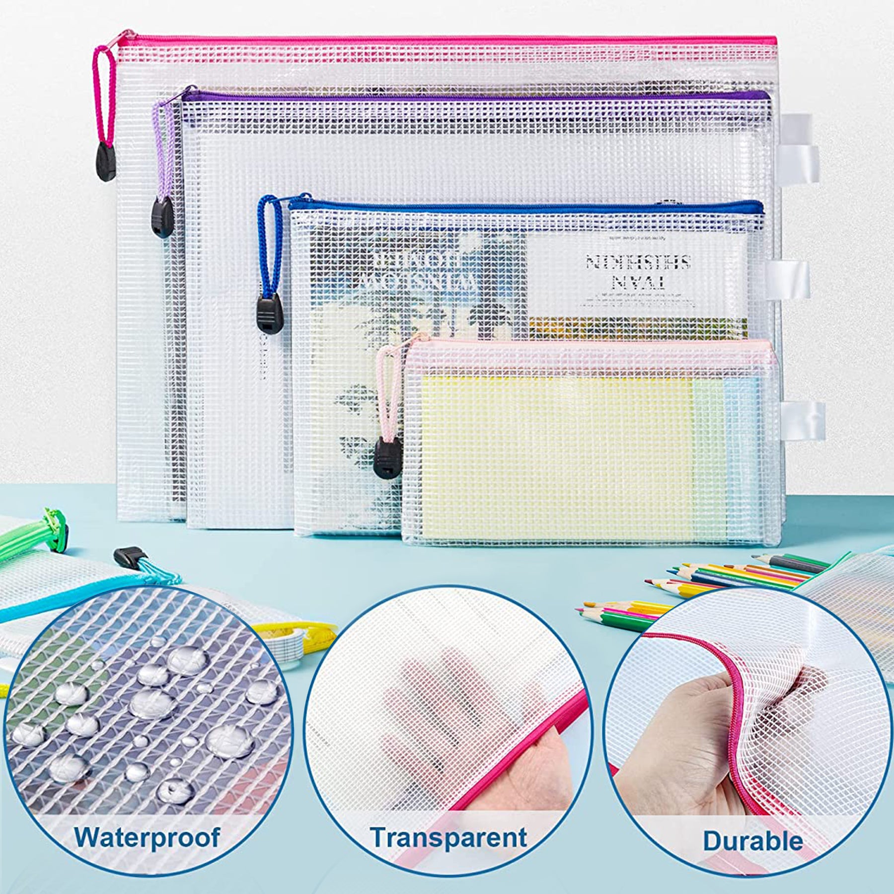 JPSOR 16pcs 8 Size Mesh Zipper Pouch for Organization, Waterproof Zipper  Pouches Colored PVC Travel Zipper Bags Clear Multipurpose Document Bags for  School Office Home Cosmetics Storage Toys Puzzle 